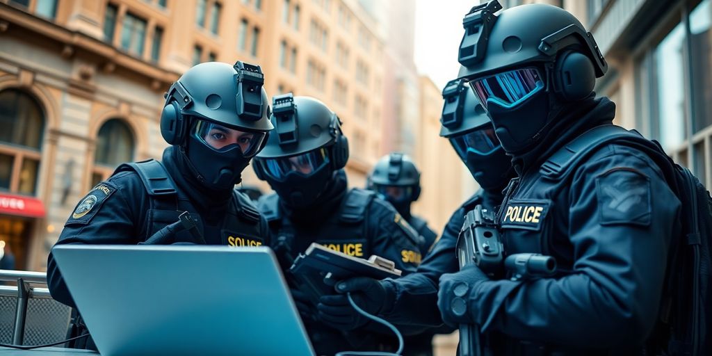 Law enforcement officers tackling online terrorist threats.