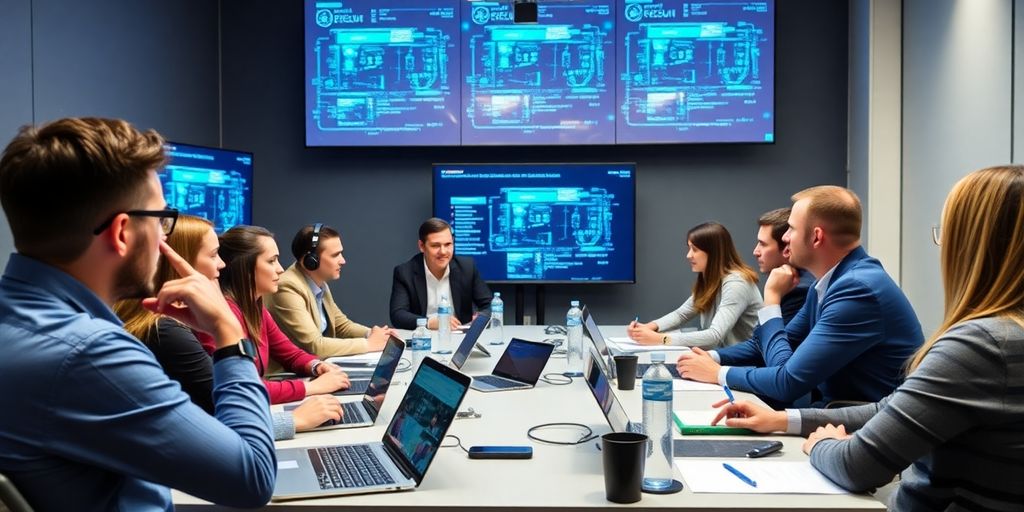 Cybersecurity experts collaborating in a modern conference room.