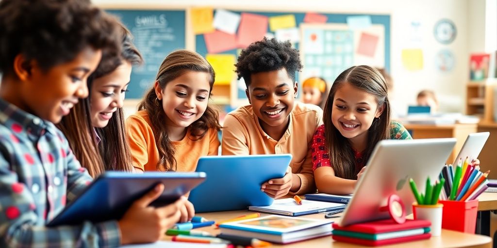 Diverse students in a lively classroom using technology.