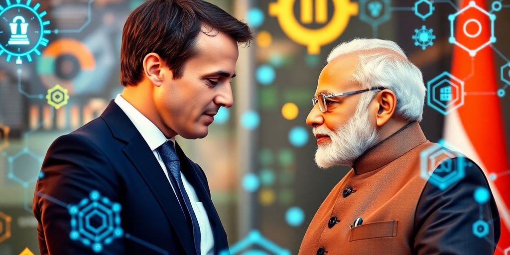 Macron and Modi in discussion at AI summit.