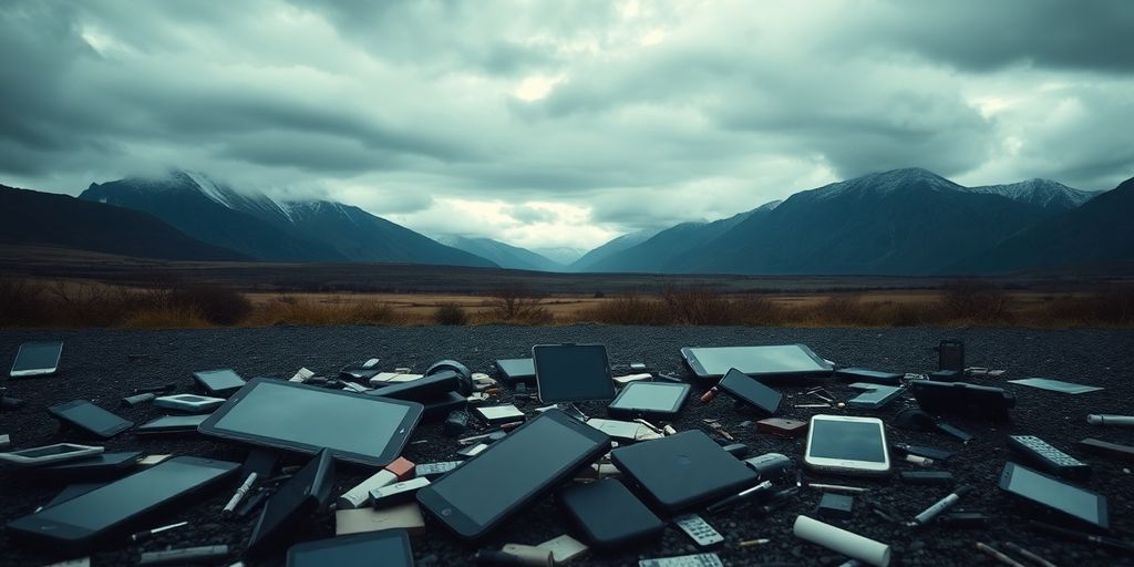 New Zealand landscape with broken technology devices scattered.
