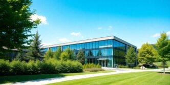 Modern office building in Switzerland with glass windows.