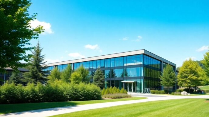 Modern office building in Switzerland with glass windows.