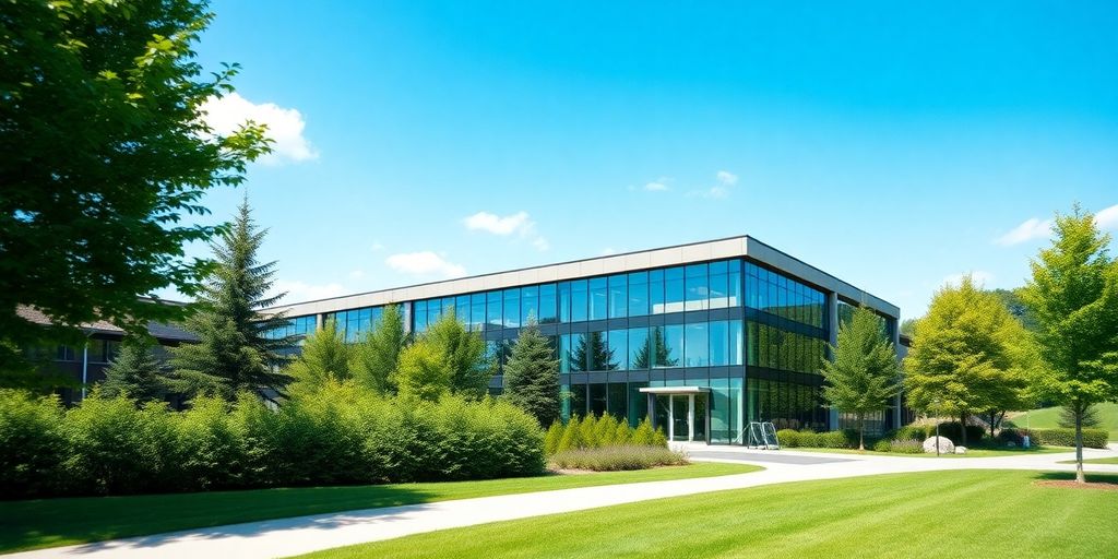 Modern office building in Switzerland with glass windows.