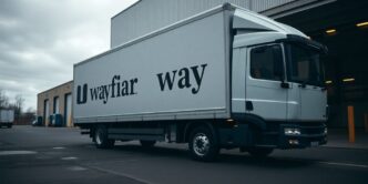 Wayfair delivery truck outside a warehouse.