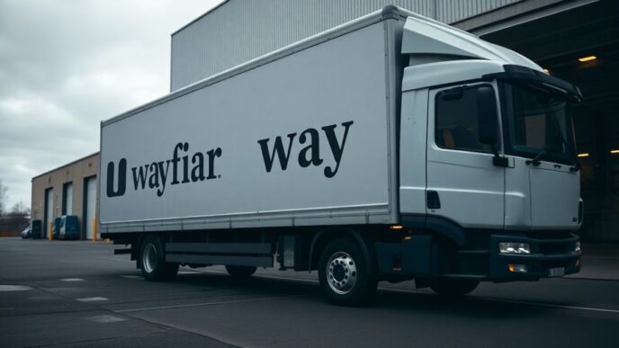 Wayfair delivery truck outside a warehouse.