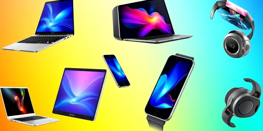 Collage of innovative tech gadgets on a bright background.