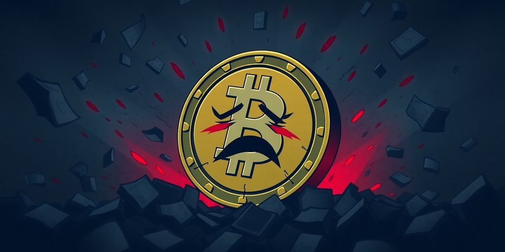 A distressed digital coin amidst chaos representing financial loss.