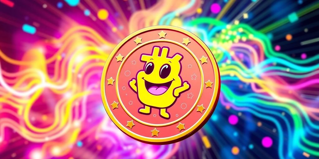 Colorful digital coin with playful mascot on dynamic background.