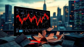 Downward trend with a crashed computer and stock reports.