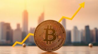 Bitcoin coin with upward trend over a city skyline.