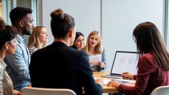 Professionals collaborating on a marketing strategy in a meeting.