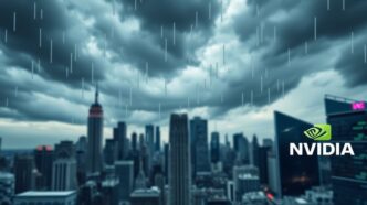 Dramatic tech stock decline with Nvidia logo and stormy clouds.