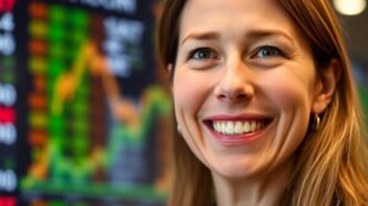 Cathie Wood smiling with a tech stock market background.