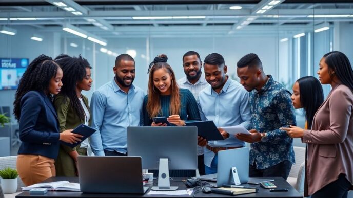 Diverse team collaborating in a modern digital marketing setting.