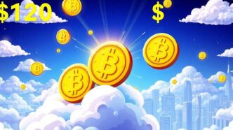 Bitcoin coins soaring above a futuristic city skyline.