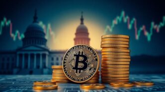 Bitcoin coins against a financial backdrop and government silhouette.