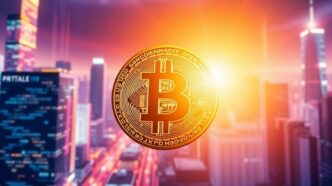 Golden Bitcoin coin with digital cityscape background.