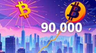 Bitcoin symbol soaring over a vibrant city skyline.