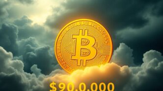 Golden Bitcoin coin against a cloudy, dark background.