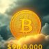 Golden Bitcoin coin against a cloudy, dark background.