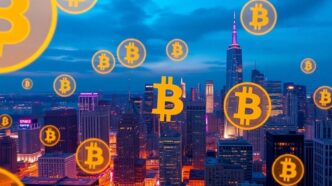 City skyline with Bitcoin logos representing global cryptocurrency adoption.