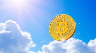 Golden Bitcoin soaring in a bright blue sky.