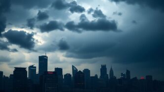 Dark storm clouds over tech buildings in a city skyline.