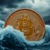 Bitcoin coin amidst turbulent waves and stormy skies.