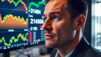 Businessman examining stock trends of Meta and Nvidia.