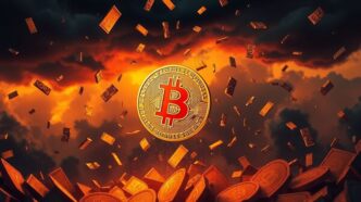 Falling Bitcoin coin against a dark chaotic background.