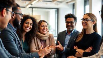 Diverse team discussing marketing communication in a modern office.