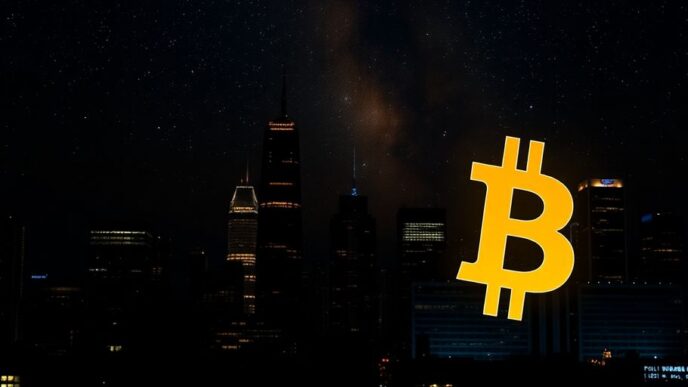 Golden Bitcoin symbol over a city skyline at night.