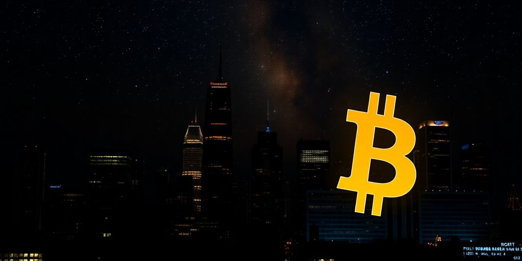Golden Bitcoin symbol over a city skyline at night.