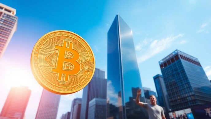 Golden Bitcoin with a bright city skyline in background.