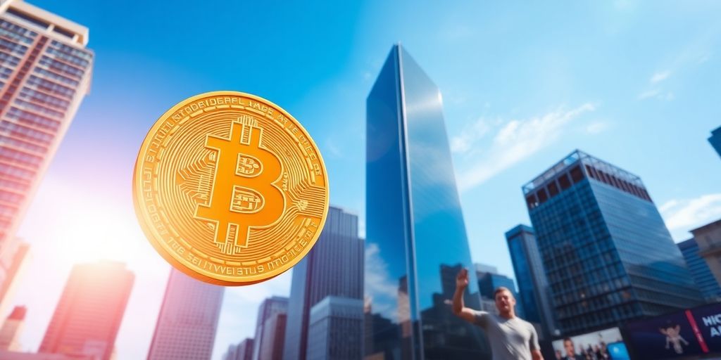 Golden Bitcoin with a bright city skyline in background.