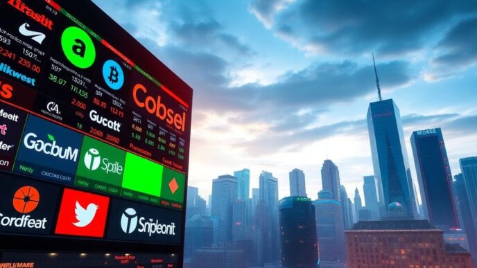 Logos of tech companies against a city skyline background.