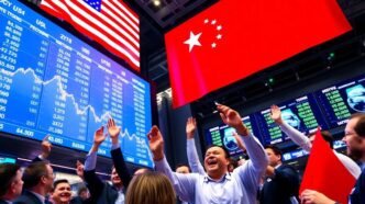 Traders celebrate rising tech stocks amid US-China flags.