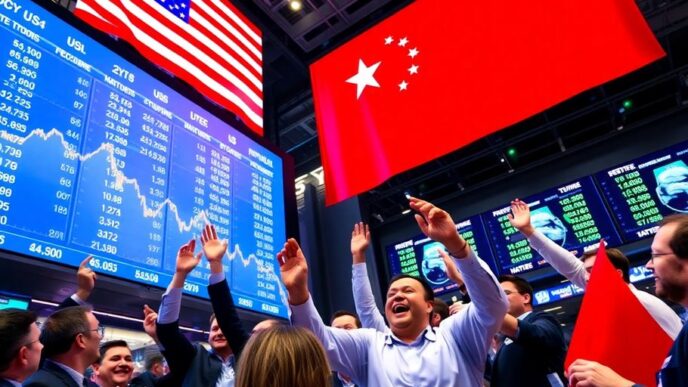 Traders celebrate rising tech stocks amid US-China flags.