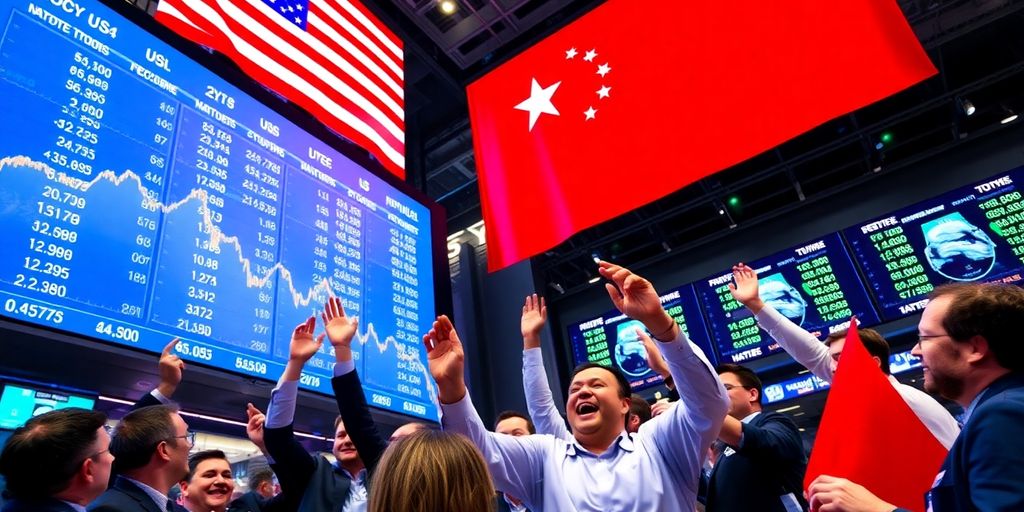 Traders celebrate rising tech stocks amid US-China flags.