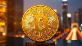 Golden Bitcoin symbol glowing against a blurred city backdrop.