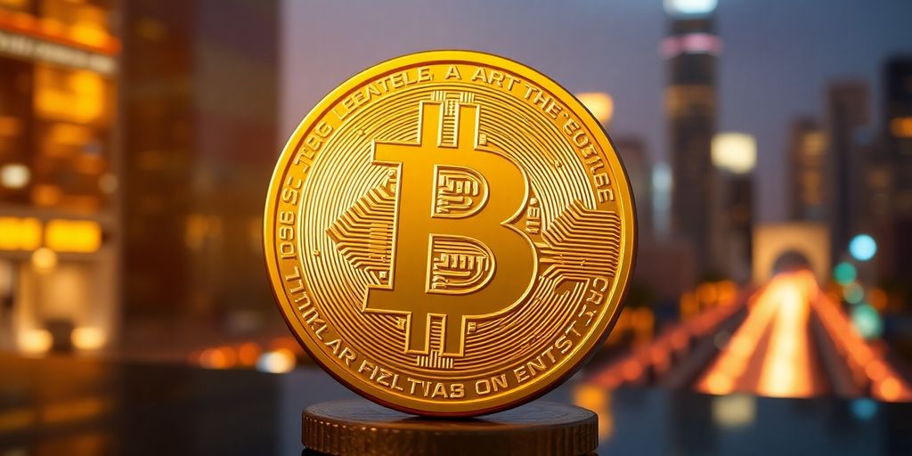 Golden Bitcoin symbol glowing against a blurred city backdrop.