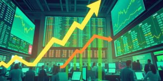 Rising stock market scene with traders and arrows.