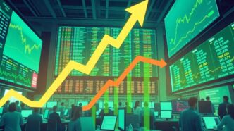 Rising stock market scene with traders and arrows.