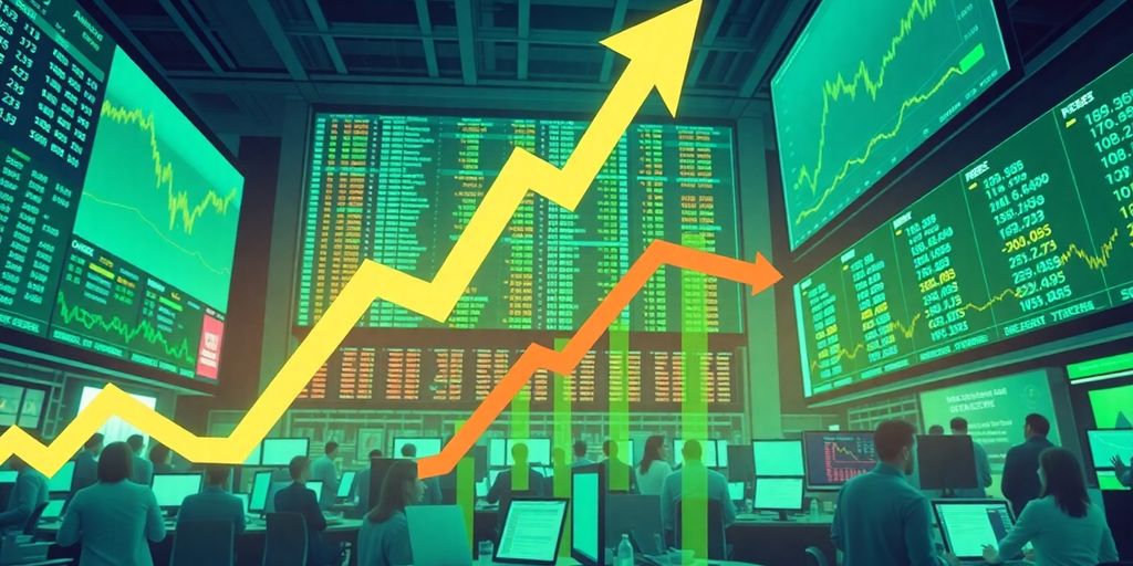Rising stock market scene with traders and arrows.
