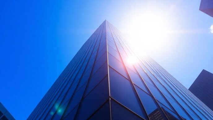 Futuristic skyscraper against a clear blue sky.