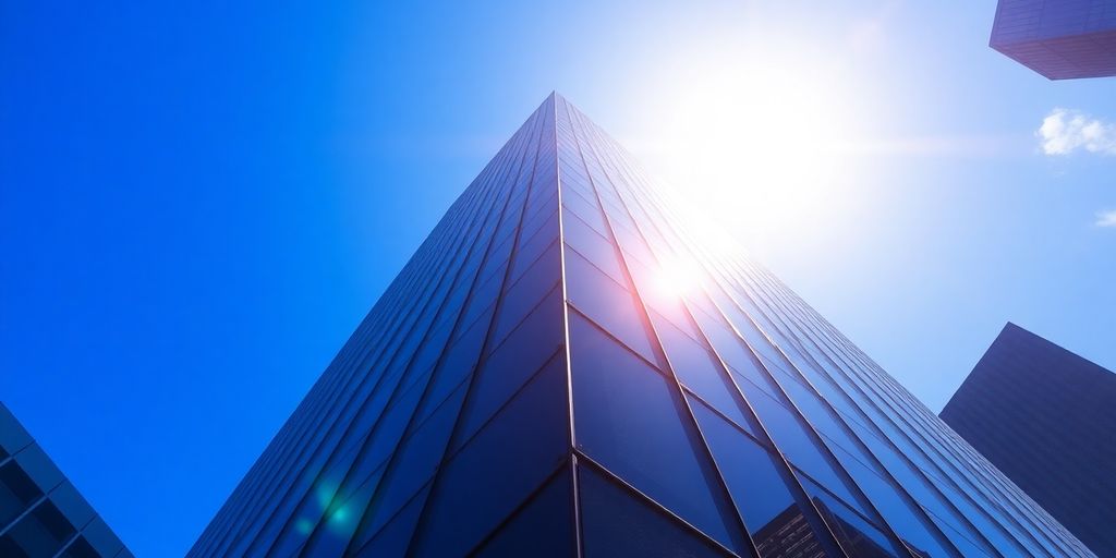 Futuristic skyscraper against a clear blue sky.