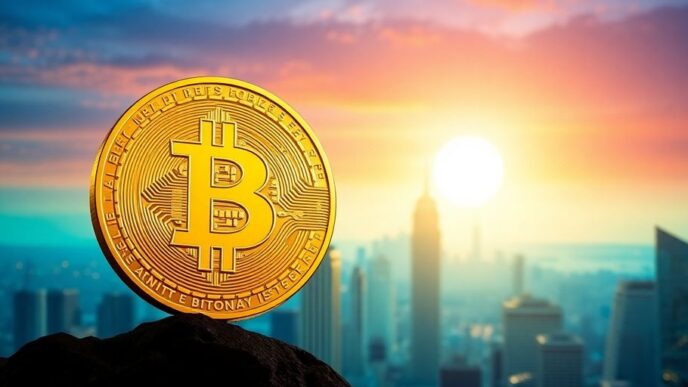 Golden Bitcoin in front of a city skyline at sunset.