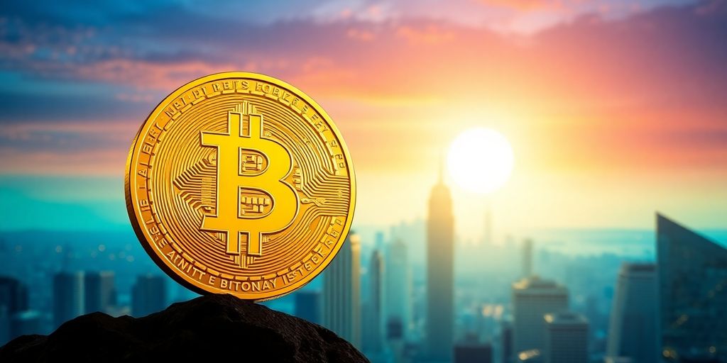 Golden Bitcoin in front of a city skyline at sunset.