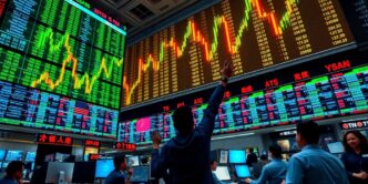 Traders cheering on a busy stock market floor.